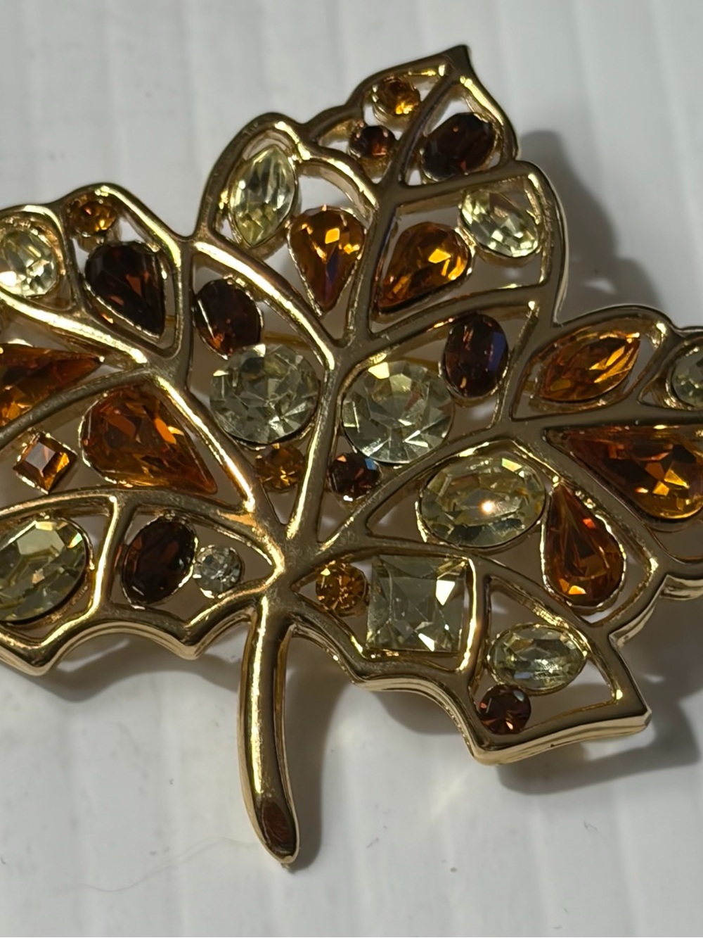 Nolan Miller Gold-Tone Leaf Brooch with Amber and Champagne Crystals